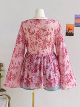 Blusa de gasa plisada con lazo y estampado floral