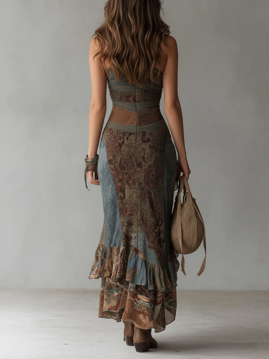 Vestido maxi de un solo hombro con estampado de estilo étnico y abertura alta