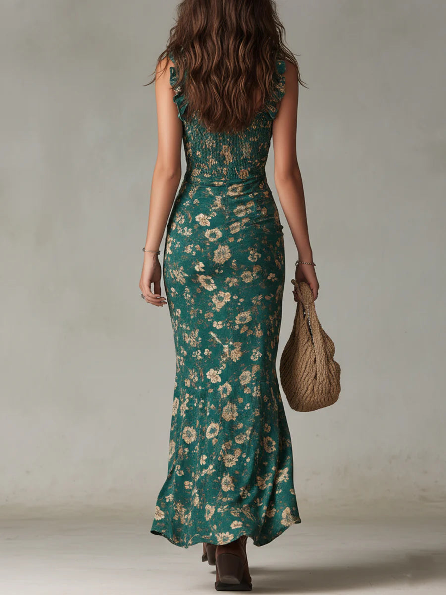 Vestido largo bohemio verde con estampado y mangas con volantes