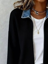 Chaqueta de punto canalé con cuello vaquero de contraste