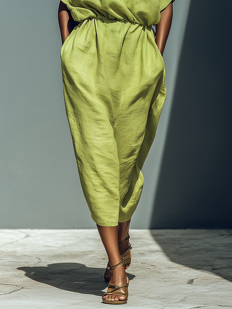 Vestido midi de lino mezcla verde lima con hombros descubiertos