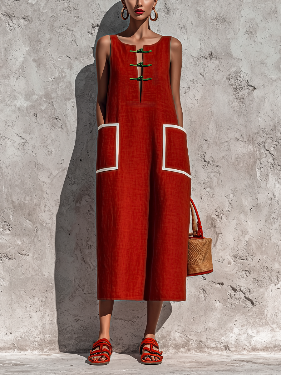 Vestido midi con bolsillo y ribete rojo