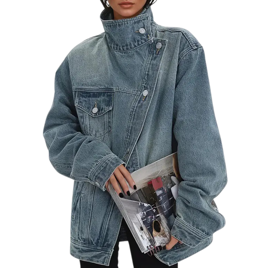 AINHARA | Chaqueta Asimétrica de Cuello Alto con Efecto Lavado Vintage