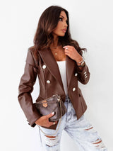 Blazer acolchado de piel sintética con solapa y doble botonadura