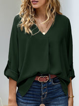 Blusa plisada elegante con cuello en V y manga larga