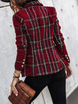 Blazer de tweed a cuadros con cuello en V y doble botonadura