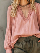 Blusa boho con cuello en V, volantes y manga larga