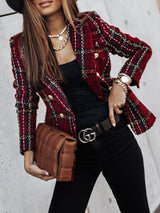 Blazer de tweed a cuadros con cuello en V y doble botonadura