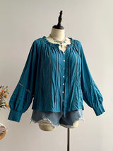 Blusa boho plisada con volantes y manga abombada