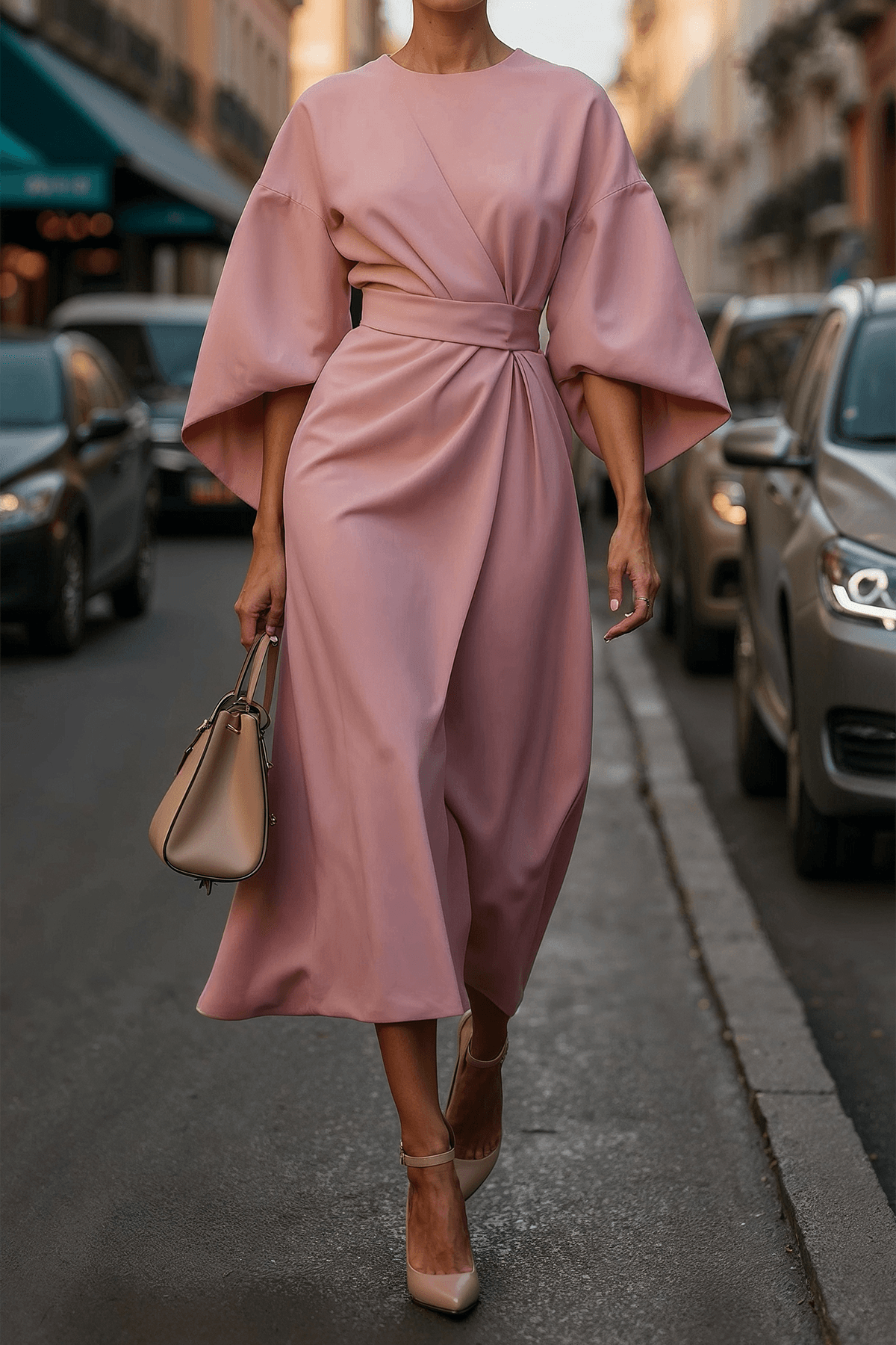 Vestido de cintura elegante de color sólido