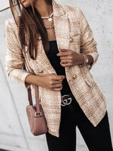 Blazer de tweed a cuadros con cuello en V y doble botonadura