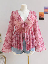 Blusa de gasa plisada con lazo y estampado floral