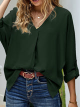 Blusa plisada elegante con cuello en V y manga larga