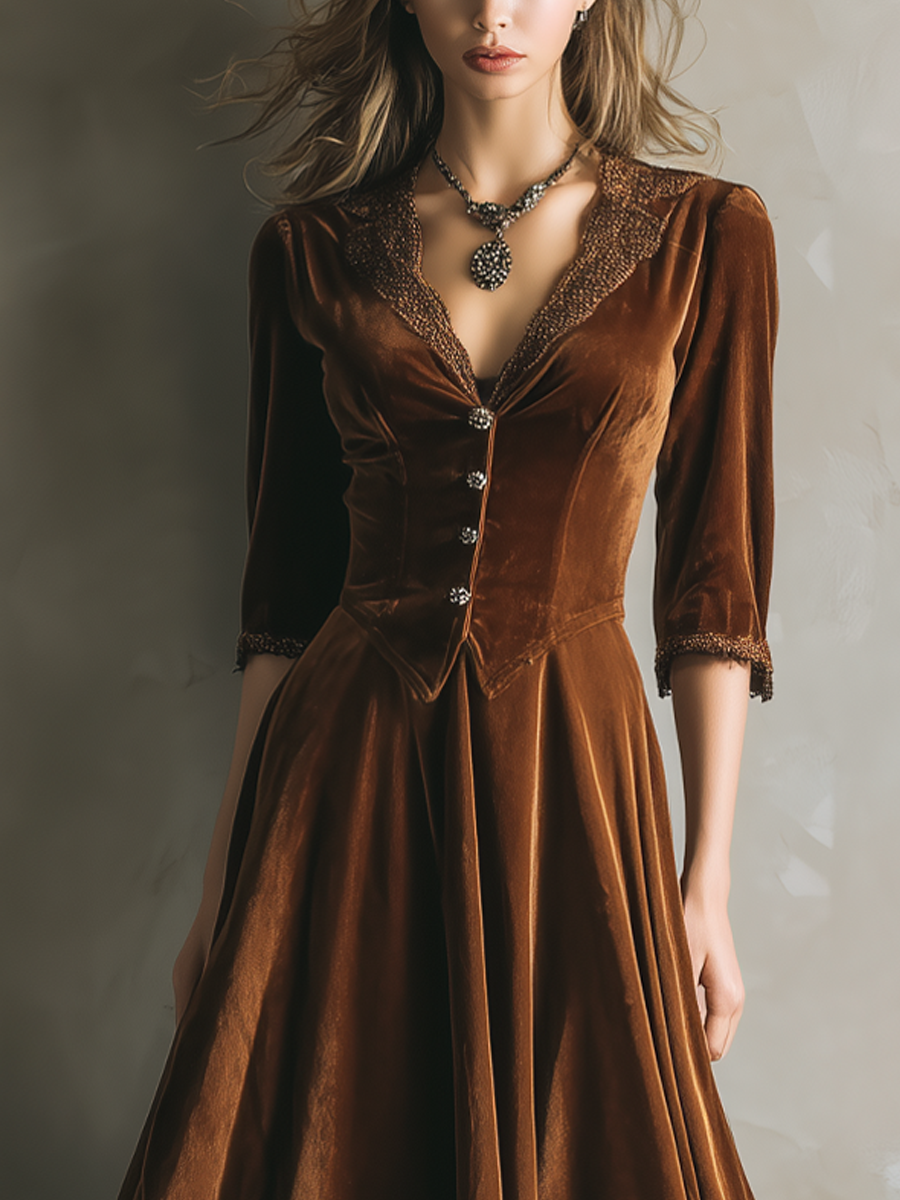 Vestido midi vintage de terciopelo con encaje y mangas tres cuartos