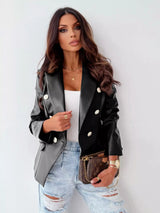 Blazer acolchado de piel sintética con solapa y doble botonadura