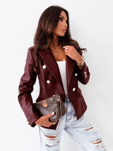 Blazer acolchado de piel sintética con solapa y doble botonadura