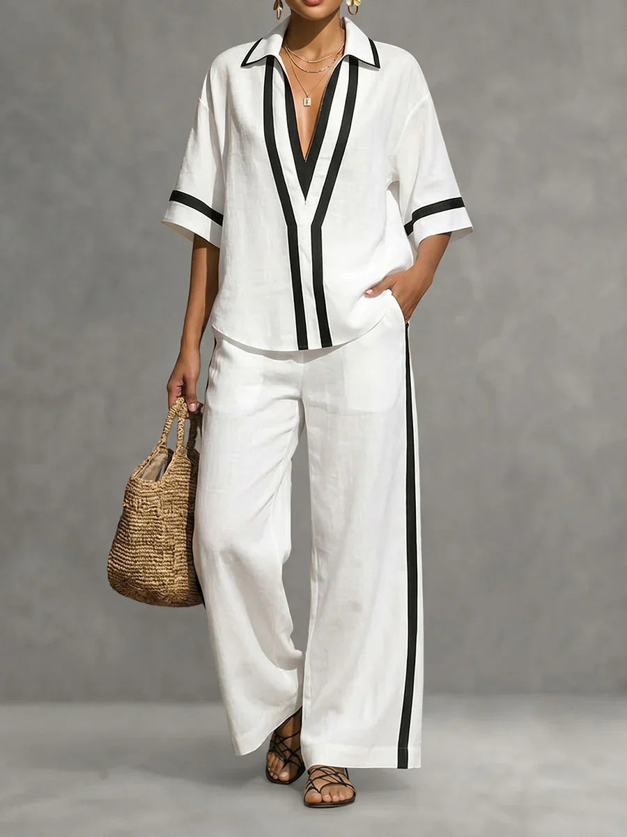Conjunto casual de dos piezas para mujer con moderno diseño en bloques de color