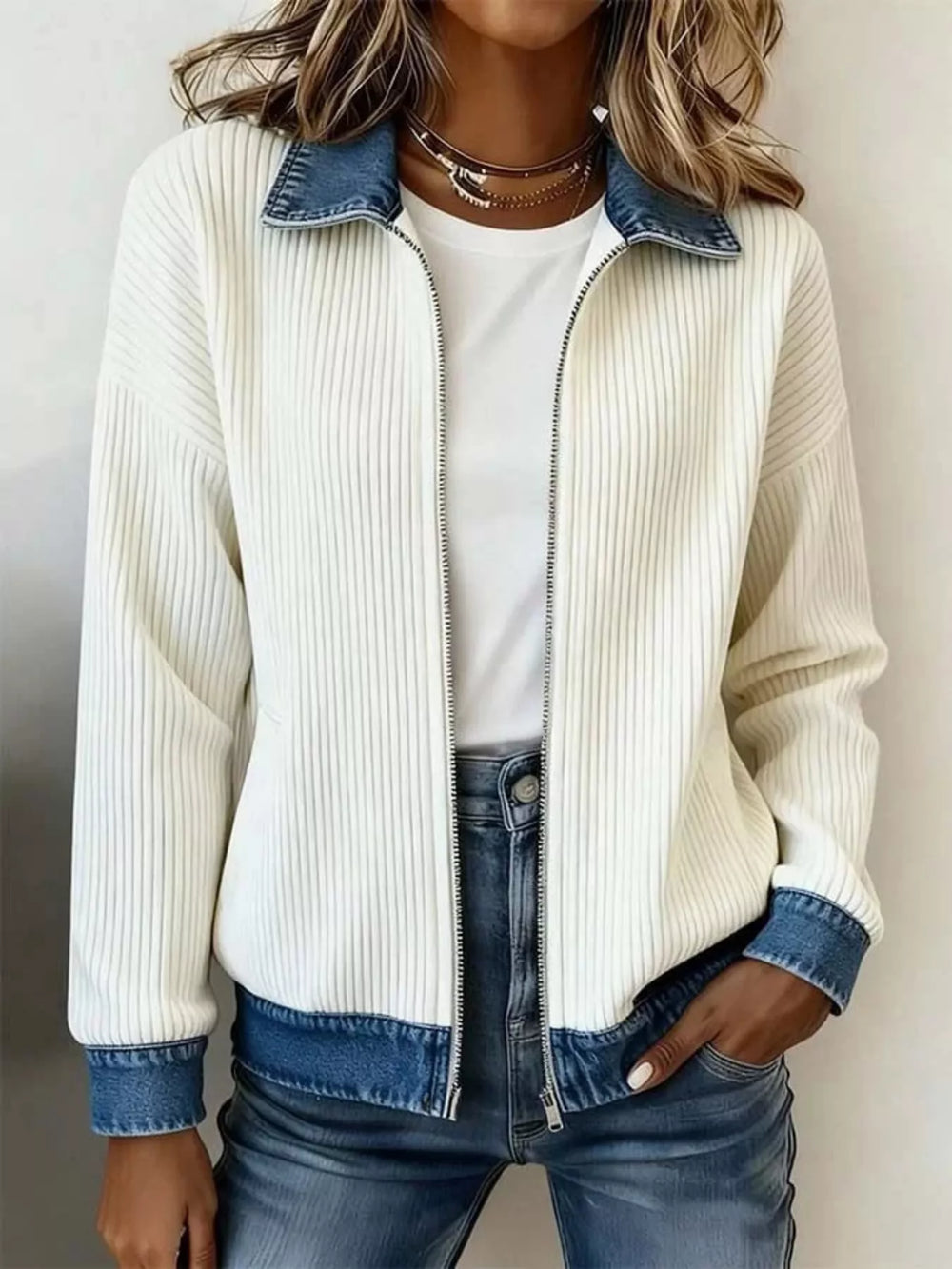Chaqueta de punto canalé con cuello vaquero de contraste