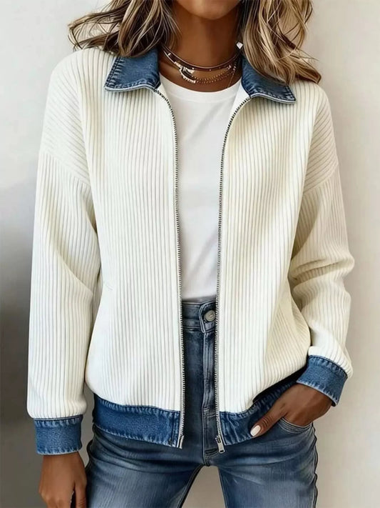Chaqueta de punto canalé con cuello vaquero de contraste