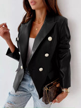 Blazer acolchado de piel sintética con solapa y doble botonadura