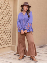 Blusa boho bordada con cuello en V y manga larga