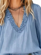 Blusa boho con cuello en V, volantes y manga larga