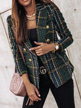 Blazer de tweed a cuadros con cuello en V y doble botonadura