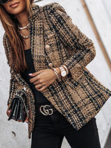 Blazer de tweed a cuadros con cuello en V y doble botonadura