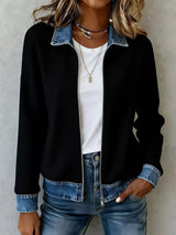 Chaqueta de punto canalé con cuello vaquero de contraste