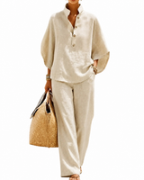 MARIBEL | Conjunto de lino con mangas de murciélago y pantalones anchos