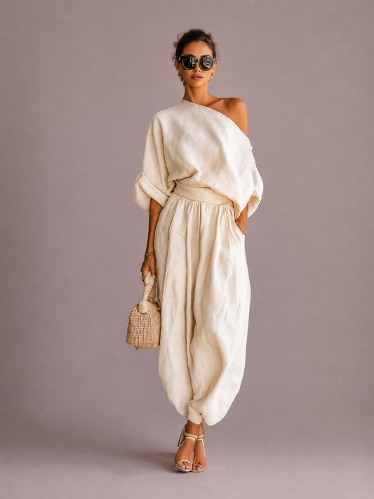 ELLA | Conjunto de lino blanco, pantalón con hombros descubiertos