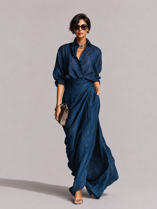 JENNY | Elegante conjunto de camisa y falda larga de tejido mixto azul.