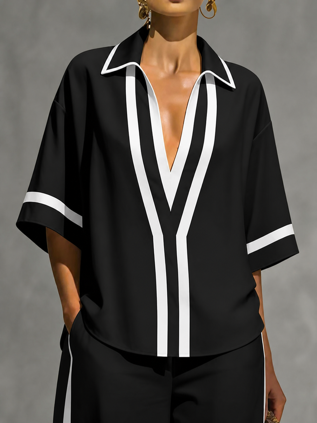 Conjunto casual de dos piezas para mujer con moderno diseño en bloques de color