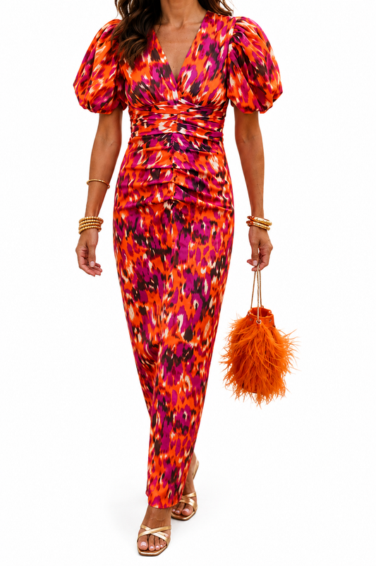 CARLA | Vestido Midi Floral con Mangas Abullonadas