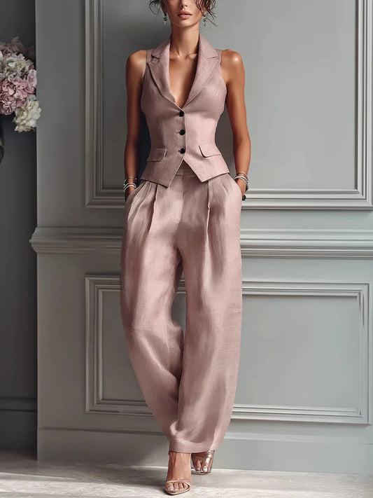 Traje de dos piezas para mujer con cuello en V y botones
