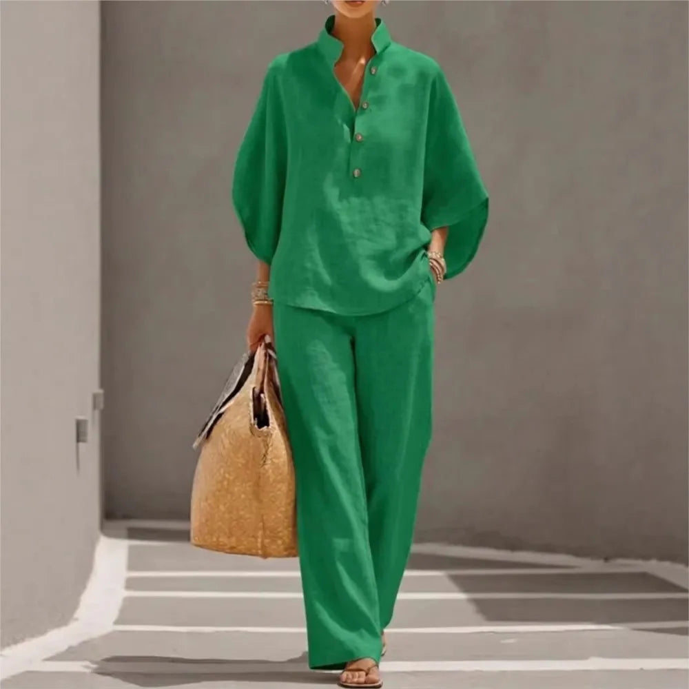 Maribel | Conjunto de lino con mangas murciélago y pantalón ancho