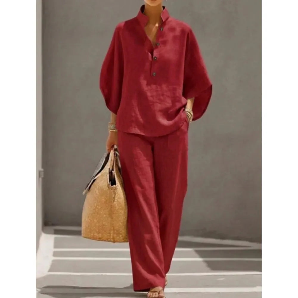 Maribel | Conjunto de lino con mangas murciélago y pantalón ancho