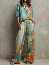 Chiara | Elegante conjunto estampado floral con pantalón de pierna ancha