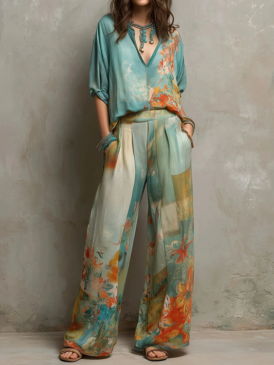 Chiara | Elegante conjunto estampado floral con pantalón de pierna ancha