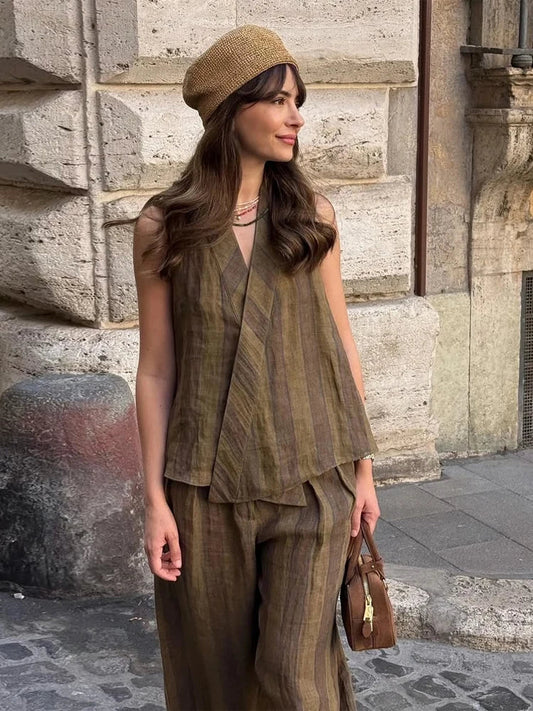 Sonia | Conjunto halter de lino a rayas con pantalón alto