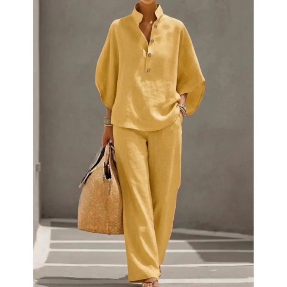 Maribel | Conjunto de lino con mangas murciélago y pantalón ancho