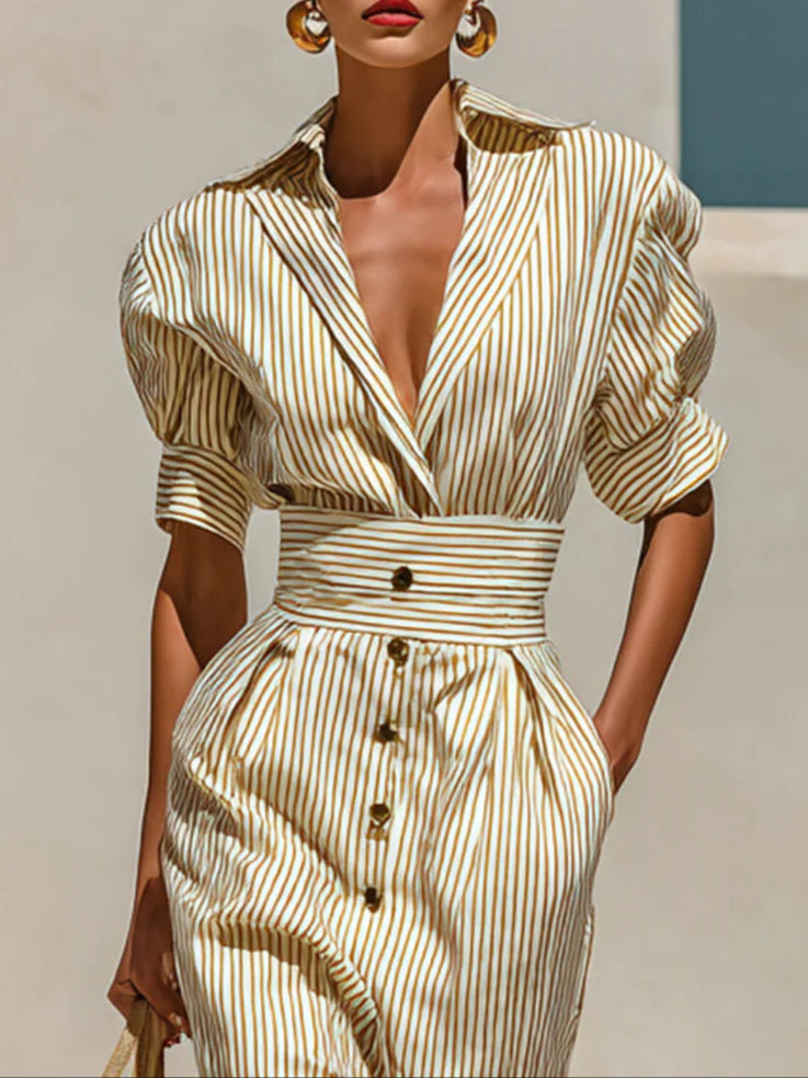 Vestido midi a rayas con solapa, manga corta y cintura