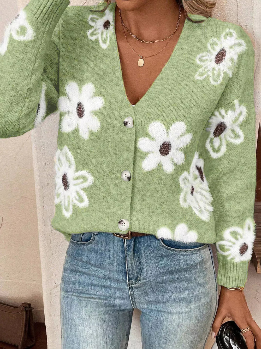 Cárdigan de punto floral con cuello en V