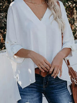 Blusa plisada elegante con cuello en V y manga larga