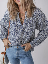 Blusa estampado floral con cuello en V y manga larga