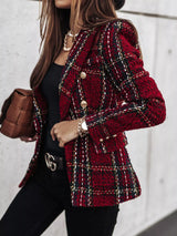 Blazer de tweed a cuadros con cuello en V y doble botonadura