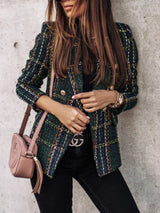 Blazer de tweed a cuadros con cuello en V y doble botonadura