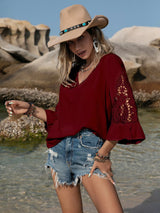 Blusa plisada con detalle de encaje y manga 3/4