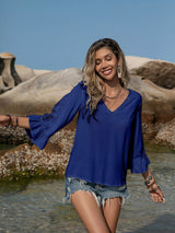 Blusa plisada con detalle de encaje y manga 3/4