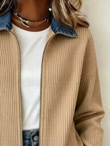 Chaqueta de punto canalé con cuello vaquero de contraste